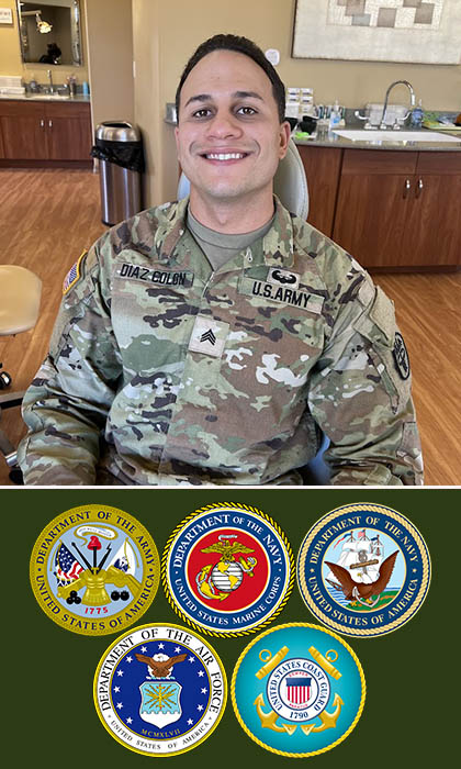 Military service member in camouflage uniform smiling indoors with five armed forces seals displayed below.